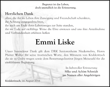 Traueranzeige von Emmi Liske von Thüringer Allgemeine, Thüringische Landeszeitung