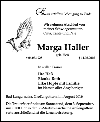 Traueranzeige von Marga Haller von Thüringer Allgemeine, Thüringische Landeszeitung