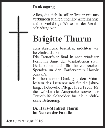 Traueranzeige von Brigitte Thurm von Ostthüringer Zeitung, Thüringische Landeszeitung