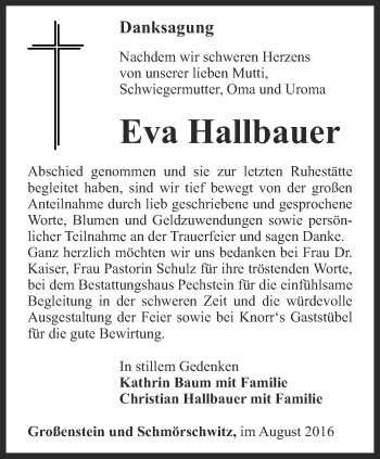 Traueranzeige von Eva Hallbauer von Ostthüringer Zeitung