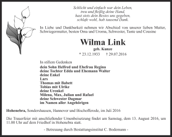 Traueranzeige von Wilma Link von Thüringer Allgemeine