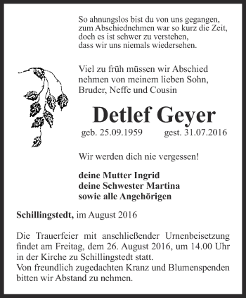 Traueranzeige von Detlef Geyer von Thüringer Allgemeine