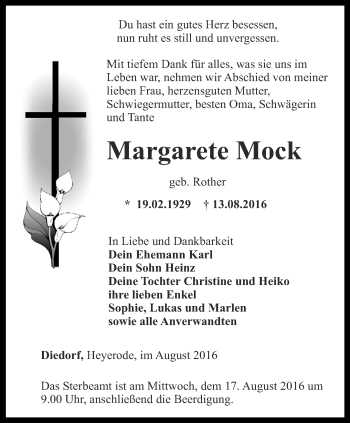 Traueranzeige von Margarete Mock von Thüringer Allgemeine, Thüringische Landeszeitung