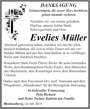 Traueranzeige von Evelies Müller von Ostthüringer Zeitung