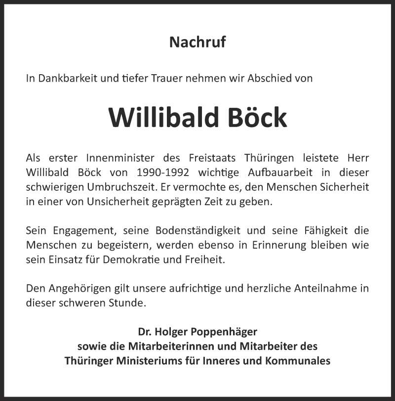  Traueranzeige für Willibald Böck vom 06.08.2016 aus Thüringer Allgemeine, Thüringische Landeszeitung, Ostthüringer Zeitung