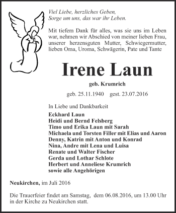 Traueranzeige von Irene Laun von Thüringer Allgemeine, Thüringische Landeszeitung