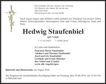 Traueranzeige von Hedwig Staufenbiel von Thüringer Allgemeine, Thüringische Landeszeitung