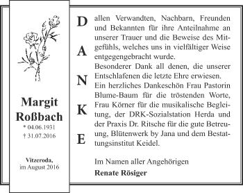 Traueranzeige von Margit Roßbach von Thüringer Allgemeine, Thüringische Landeszeitung