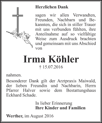 Traueranzeige von Irma Köhler von Thüringer Allgemeine