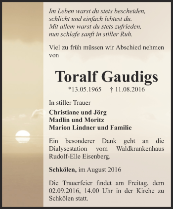 Traueranzeige von Toralf Gaudigs von Ostthüringer Zeitung