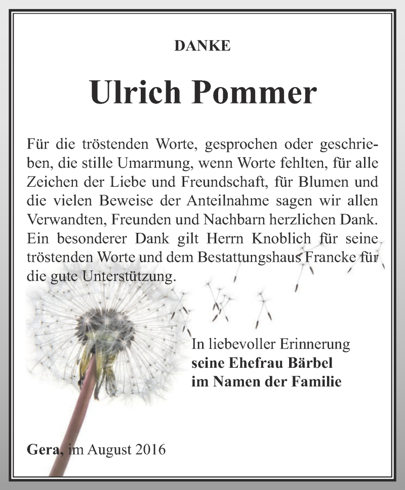  Traueranzeige für Ulrich Pommer vom 20.08.2016 aus Ostthüringer Zeitung