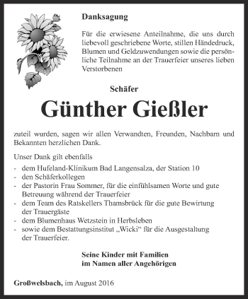 Traueranzeige von Günther Gießler von Thüringer Allgemeine, Thüringische Landeszeitung