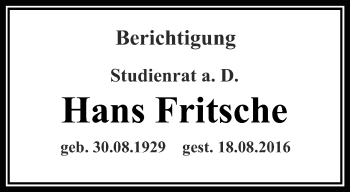 Traueranzeige von Hans Fritsche von Thüringer Allgemeine, Thüringische Landeszeitung