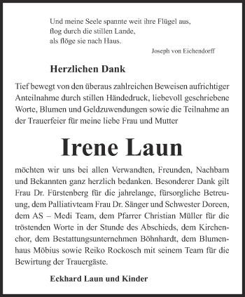 Traueranzeige von Irene Laun von Thüringer Allgemeine, Thüringische Landeszeitung