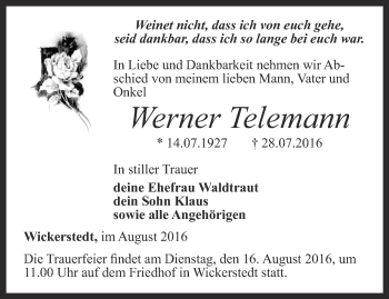 Traueranzeige von Werner Telemann von Thüringer Allgemeine, Thüringische Landeszeitung