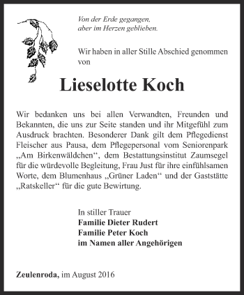 Traueranzeige von Lieselotte Koch von Ostthüringer Zeitung