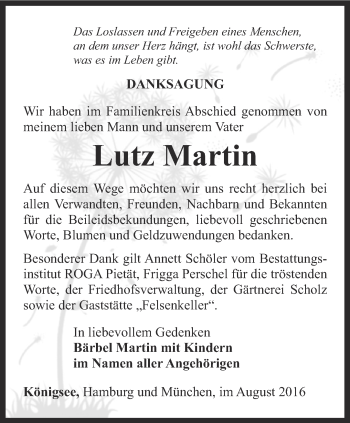 Traueranzeige von Lutz Martin von Ostthüringer Zeitung