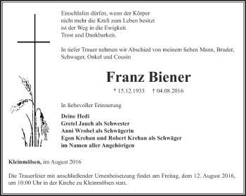 Traueranzeige von Franz Biener von Thüringer Allgemeine, Thüringische Landeszeitung
