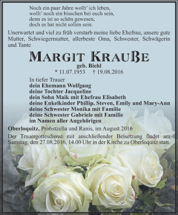 Traueranzeige von Margit Krauße von Ostthüringer Zeitung