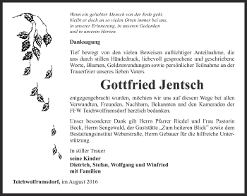 Traueranzeige von Gottfried Jentsch von Ostthüringer Zeitung