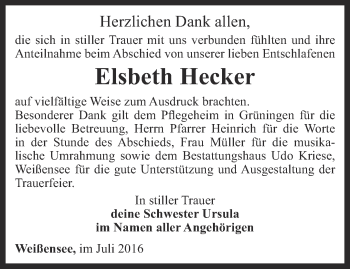 Traueranzeige von Elsbeth Hecker von Thüringer Allgemeine