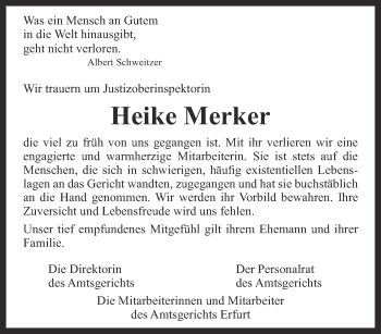 Traueranzeige von Heike Merker von Thüringer Allgemeine, Thüringische Landeszeitung