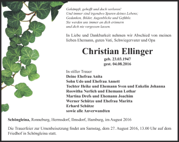 Traueranzeige von Christian Ellinger von Ostthüringer Zeitung