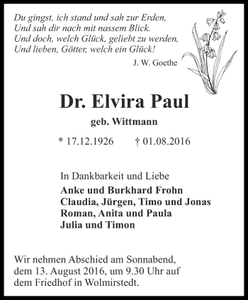 Traueranzeige von Elvira Paul von Thüringer Allgemeine, Thüringische Landeszeitung