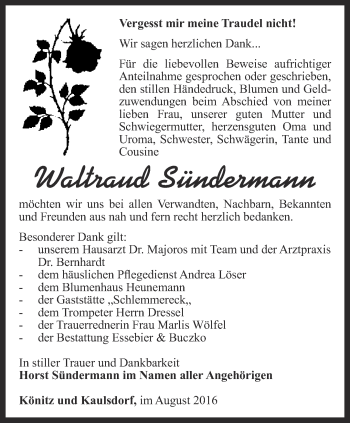 Traueranzeige von Waltraud Sündermann von Ostthüringer Zeitung