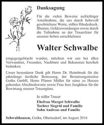 Traueranzeige von Walter Schwalbe von Ostthüringer Zeitung, Thüringische Landeszeitung