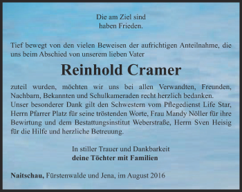 Traueranzeige von Reinhold Cramer von Ostthüringer Zeitung