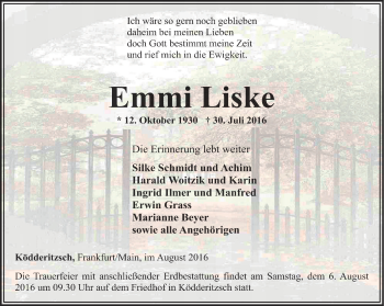 Traueranzeige von Emmi Liske von Thüringer Allgemeine, Thüringische Landeszeitung