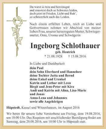 Traueranzeige von Ingeborg Schlothauer von Thüringer Allgemeine, Thüringische Landeszeitung