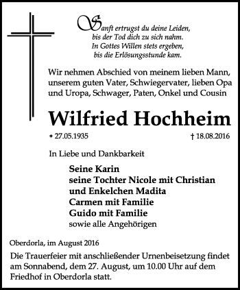 Traueranzeige von Wilfried Hochheim von Thüringer Allgemeine, Thüringische Landeszeitung