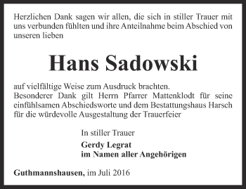 Traueranzeige von Hans Sadowski von Thüringer Allgemeine