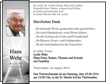 Traueranzeige von Hans Wehr von Thüringer Allgemeine