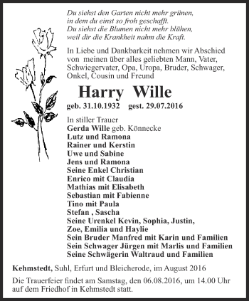 Traueranzeige von Harry Wille von Thüringer Allgemeine