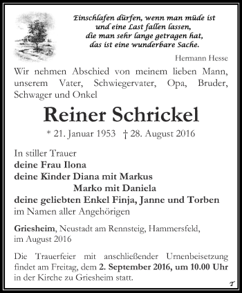 Traueranzeige von Reiner Schrickel von Thüringer Allgemeine