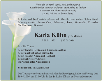 Traueranzeige von Karla Kühn von Thüringer Allgemeine, Thüringische Landeszeitung