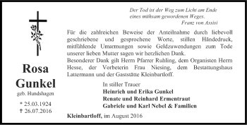 Traueranzeige von Rosa Gunkel von Thüringer Allgemeine