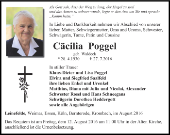 Traueranzeige von Cäcilia Poggel von Thüringer Allgemeine