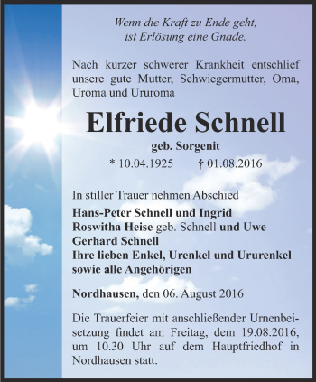 Traueranzeige von Elfriede Schnell von Thüringer Allgemeine