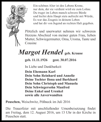 Traueranzeige von Margot Hendel von Ostthüringer Zeitung