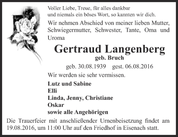 Traueranzeige von Gertraud Langenberg von Thüringer Allgemeine, Thüringische Landeszeitung