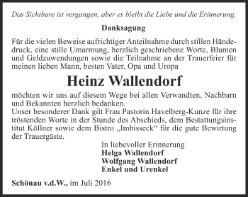 Traueranzeige von Heinz Wallendorf von Ostthüringer Zeitung, Thüringische Landeszeitung