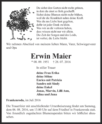 Traueranzeige von Erwin Maier von Thüringer Allgemeine, Thüringische Landeszeitung