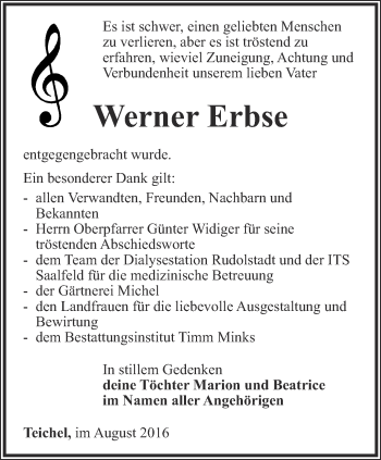 Traueranzeige von Werner Erbse von Ostthüringer Zeitung