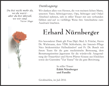 Traueranzeige von Erhard Nürnberger von Thüringer Allgemeine, Thüringische Landeszeitung