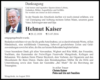 Traueranzeige von Helmut Kaiser von Thüringer Allgemeine