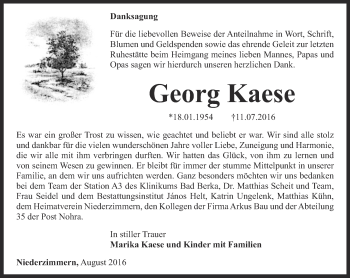 Traueranzeige von Georg Kaese von Thüringer Allgemeine, Thüringische Landeszeitung